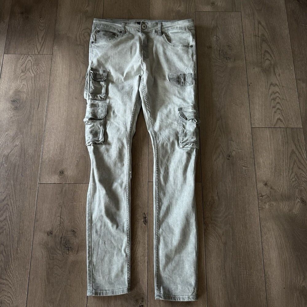 Serenade Cargo Jeans Mens 32x32 Light Blue Wash Pockets Skinny Grunge Buckle